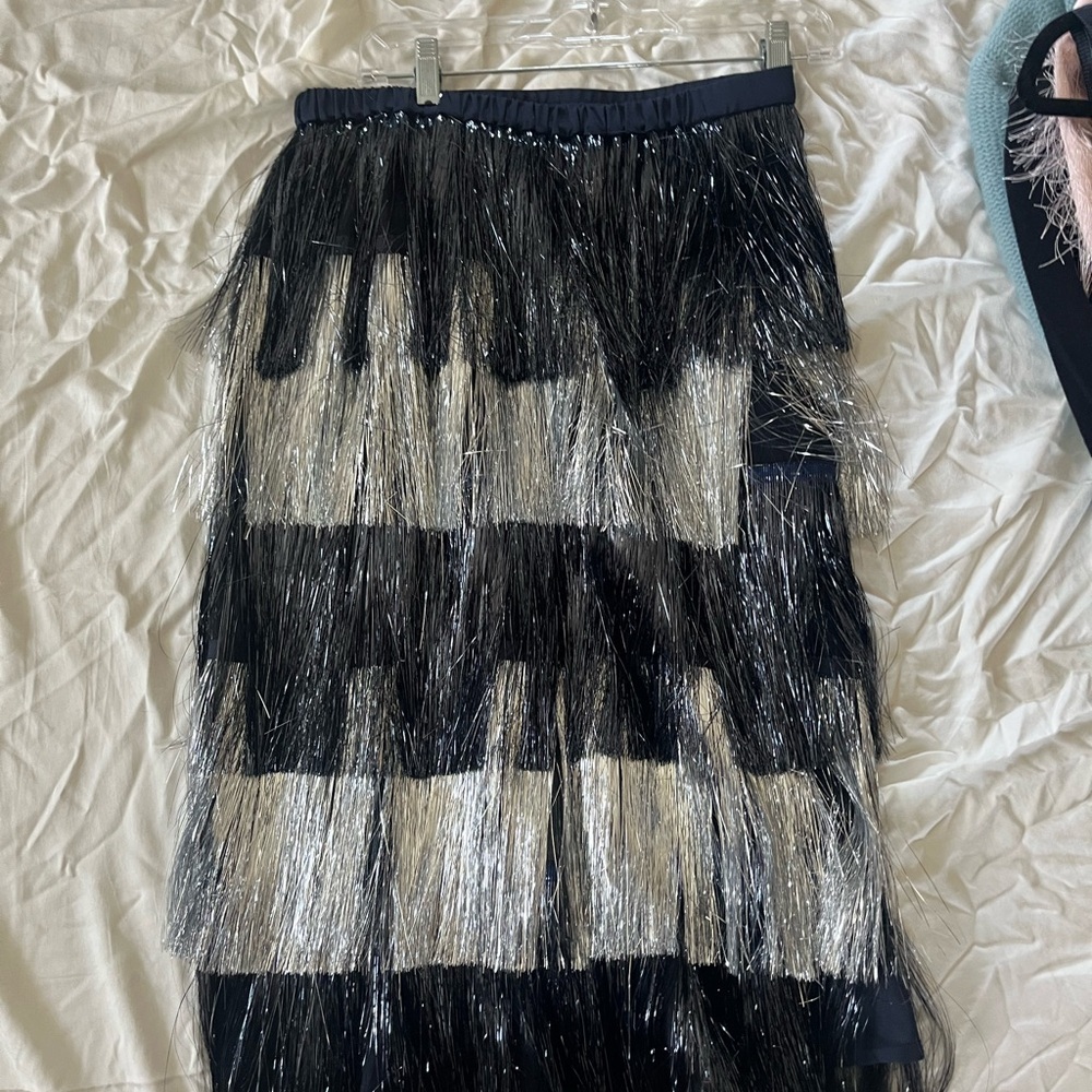 NWT  J. Crew Black and Silver Fringe Midi Skirt